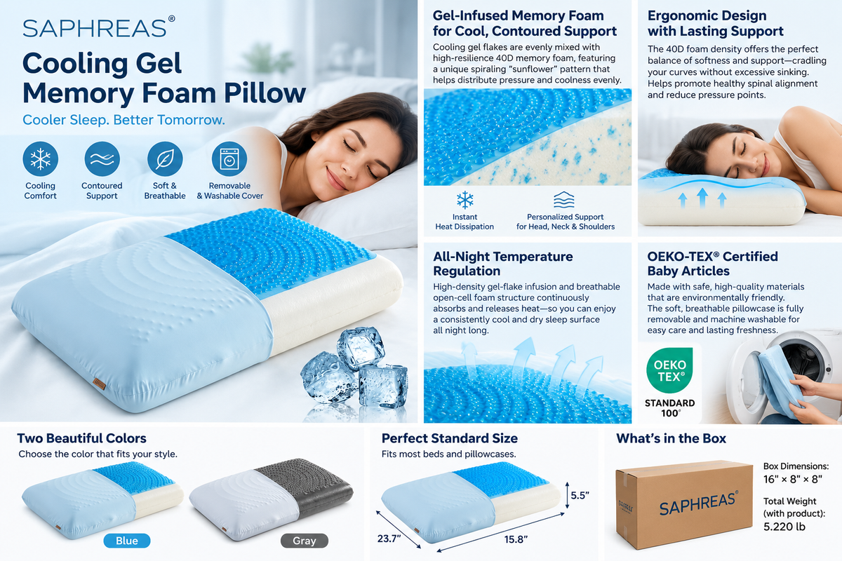 SAPHREAS Cooling Gel Memory Foam Pillow – Ergonomic Support, Standard Size